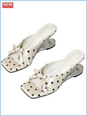 Women's Polka Dot Bow Kitten Heel Square Toe Faux Leather Single Strap Sandals